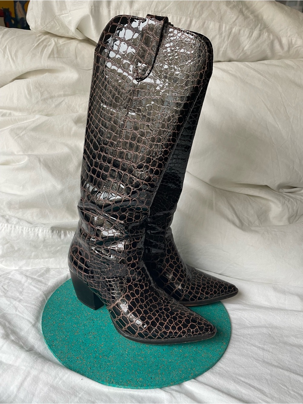 Anthropologie Glossy Croc-Embossed Pointed-Toe Knee Boots in Dark Brown